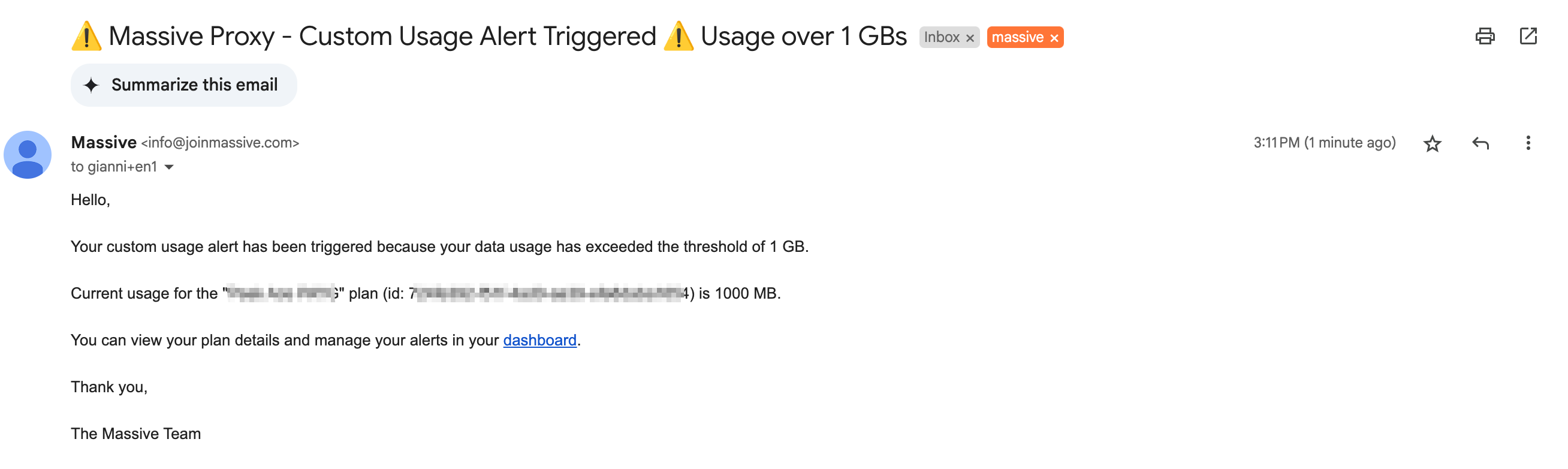 Email 2 Usage Alert