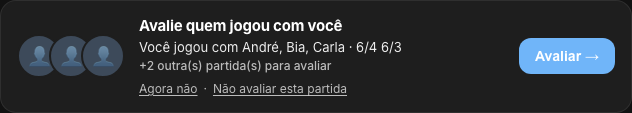 Card Avalie quem jogou com você, com os avatares de quem falta, o placar, os links Agora não e Não avaliar esta partida e o botão Avaliar