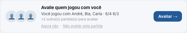 Card Avalie quem jogou com você, com os avatares de quem falta, o placar, os links Agora não e Não avaliar esta partida e o botão Avaliar