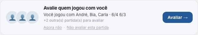 Card Avalie quem jogou com você, com os avatares de quem falta, o placar, os links Agora não e Não avaliar esta partida e o botão Avaliar
