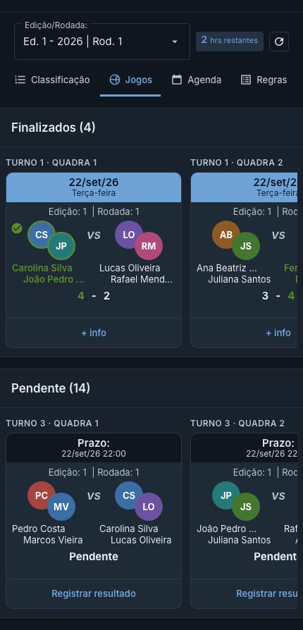 Aba Jogos de um Americano, com as seções Finalizados e Pendente em carrossel e o turno e a quadra acima de cada card de dupla