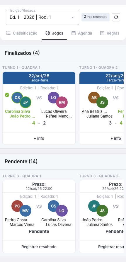 Aba Jogos de um Americano, com as seções Finalizados e Pendente em carrossel e o turno e a quadra acima de cada card de dupla