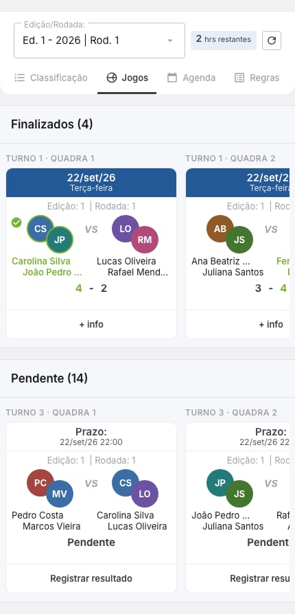 Aba Jogos de um Americano, com as seções Finalizados e Pendente em carrossel e o turno e a quadra acima de cada card de dupla
