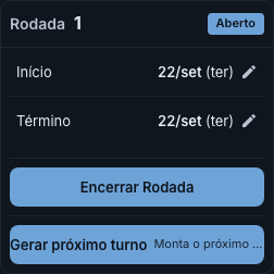Card da rodada 1 aberta, com as datas de início e término e os botões Encerrar Rodada e Gerar próximo turno