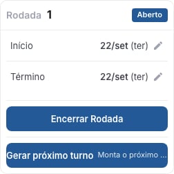 Card da rodada 1 aberta, com as datas de início e término e os botões Encerrar Rodada e Gerar próximo turno