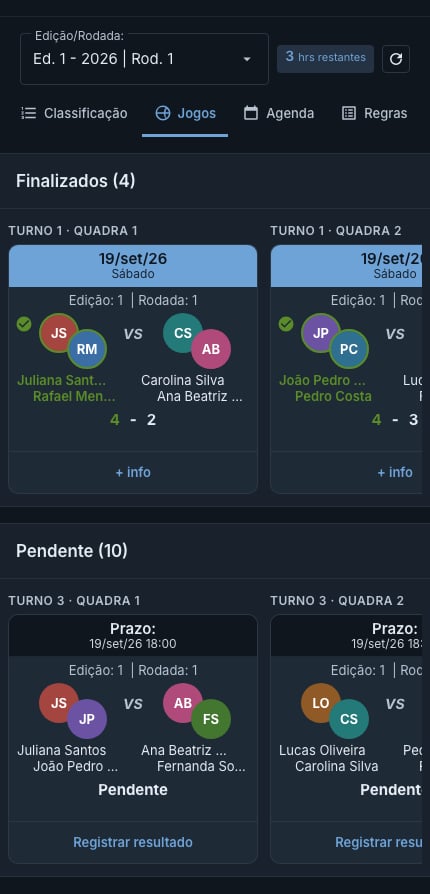 Aba Jogos da competição Super 8, com o seletor de edição e rodada, as seções Finalizados e Pendente em carrossel e o rótulo Turno e Quadra acima de cada card de dupla