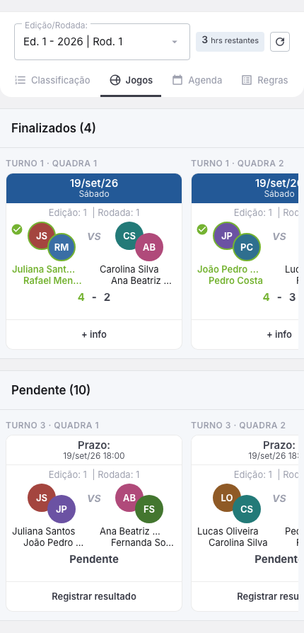 Aba Jogos da competição Super 8, com o seletor de edição e rodada, as seções Finalizados e Pendente em carrossel e o rótulo Turno e Quadra acima de cada card de dupla