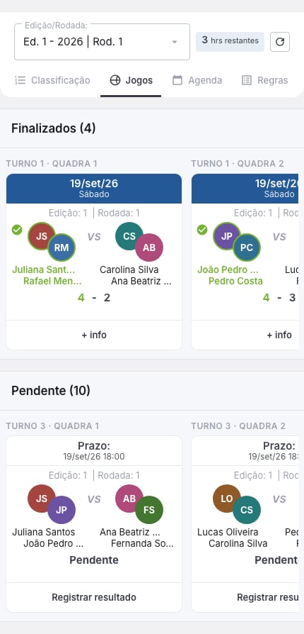 Aba Jogos da competição Super 8, com o seletor de edição e rodada, as seções Finalizados e Pendente em carrossel e o rótulo Turno e Quadra acima de cada card de dupla