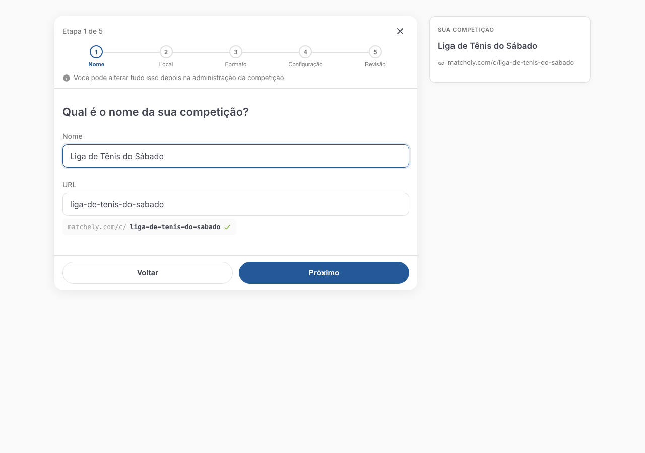 Primeiro passo do assistente de criação, com o campo de nome preenchido e o endereço da competição gerado automaticamente