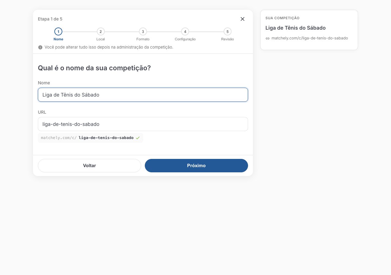 Primeiro passo do assistente de criação, com o campo de nome preenchido e o endereço da competição gerado automaticamente