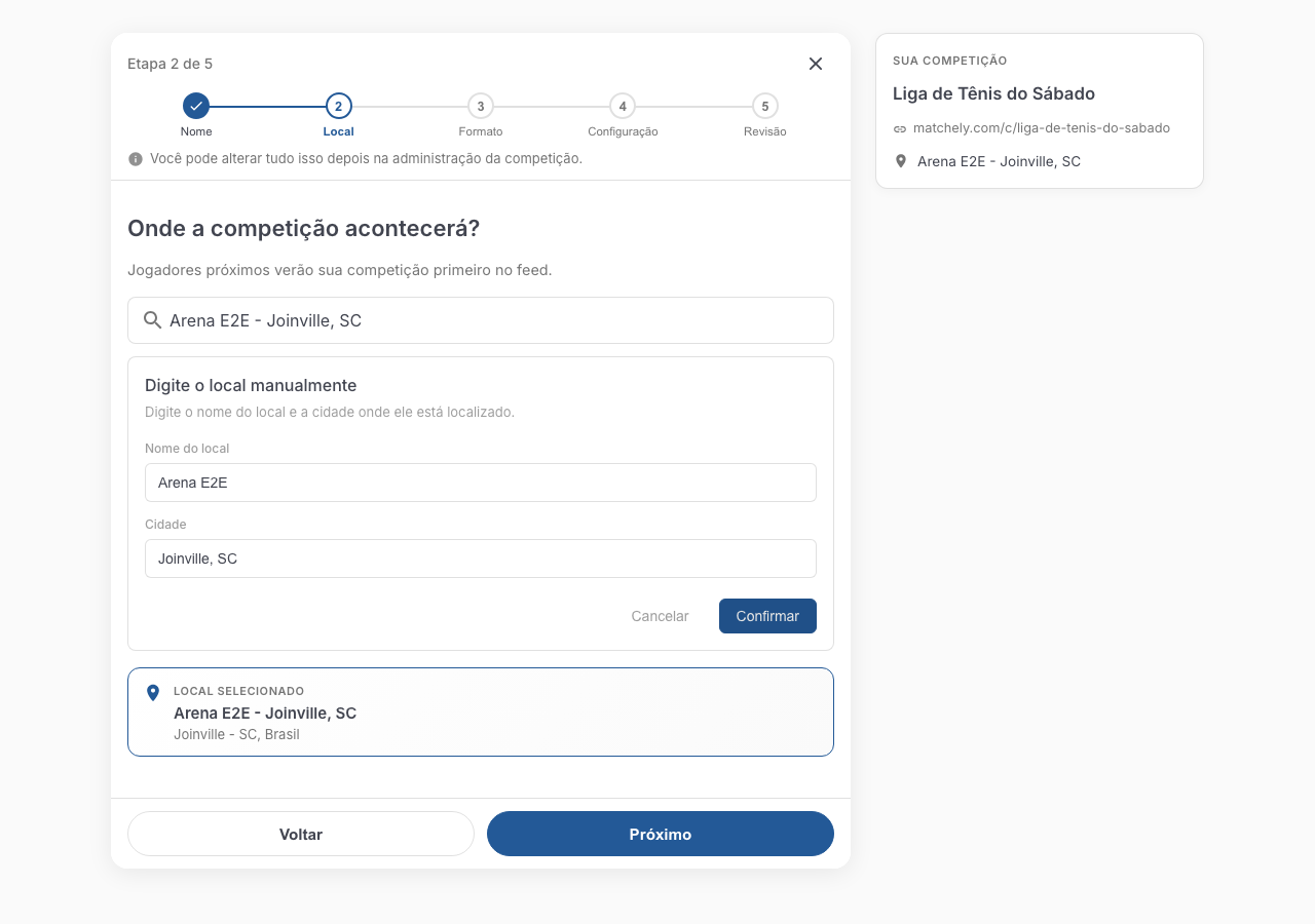 Segundo passo do assistente, com o nome do local e a cidade preenchidos manualmente