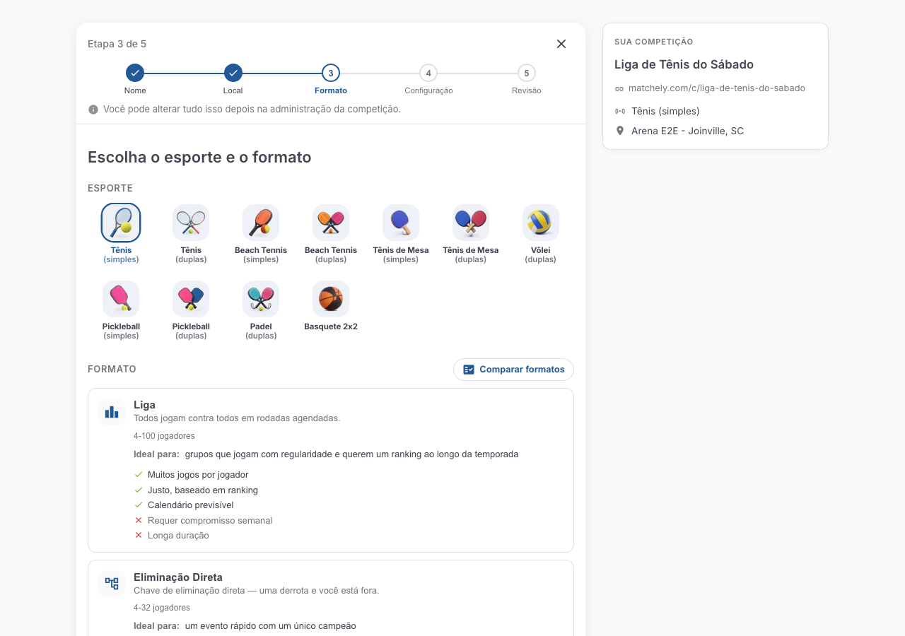 Terceiro passo do assistente, com um esporte selecionado e a lista de formatos disponíveis