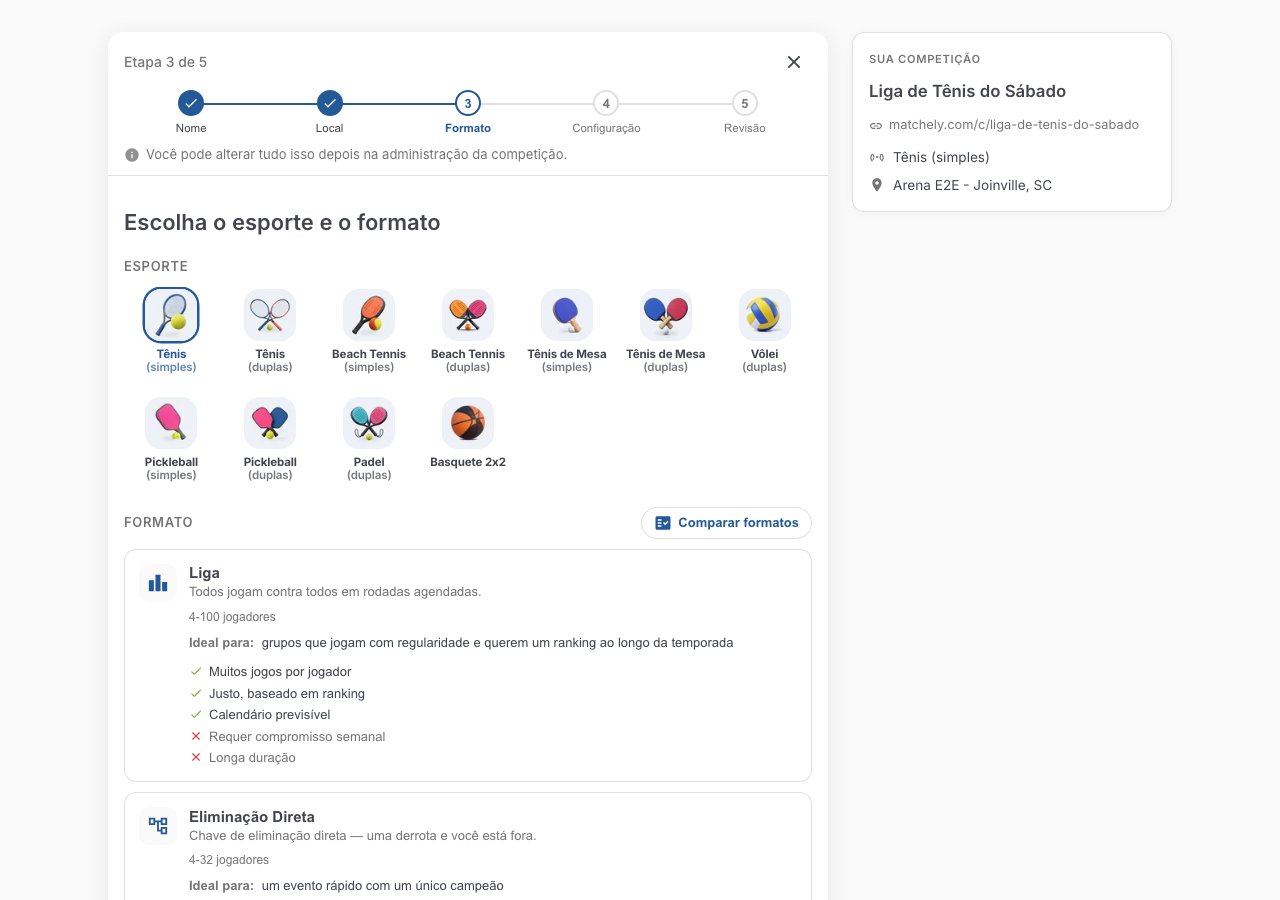 Terceiro passo do assistente, com um esporte selecionado e a lista de formatos disponíveis