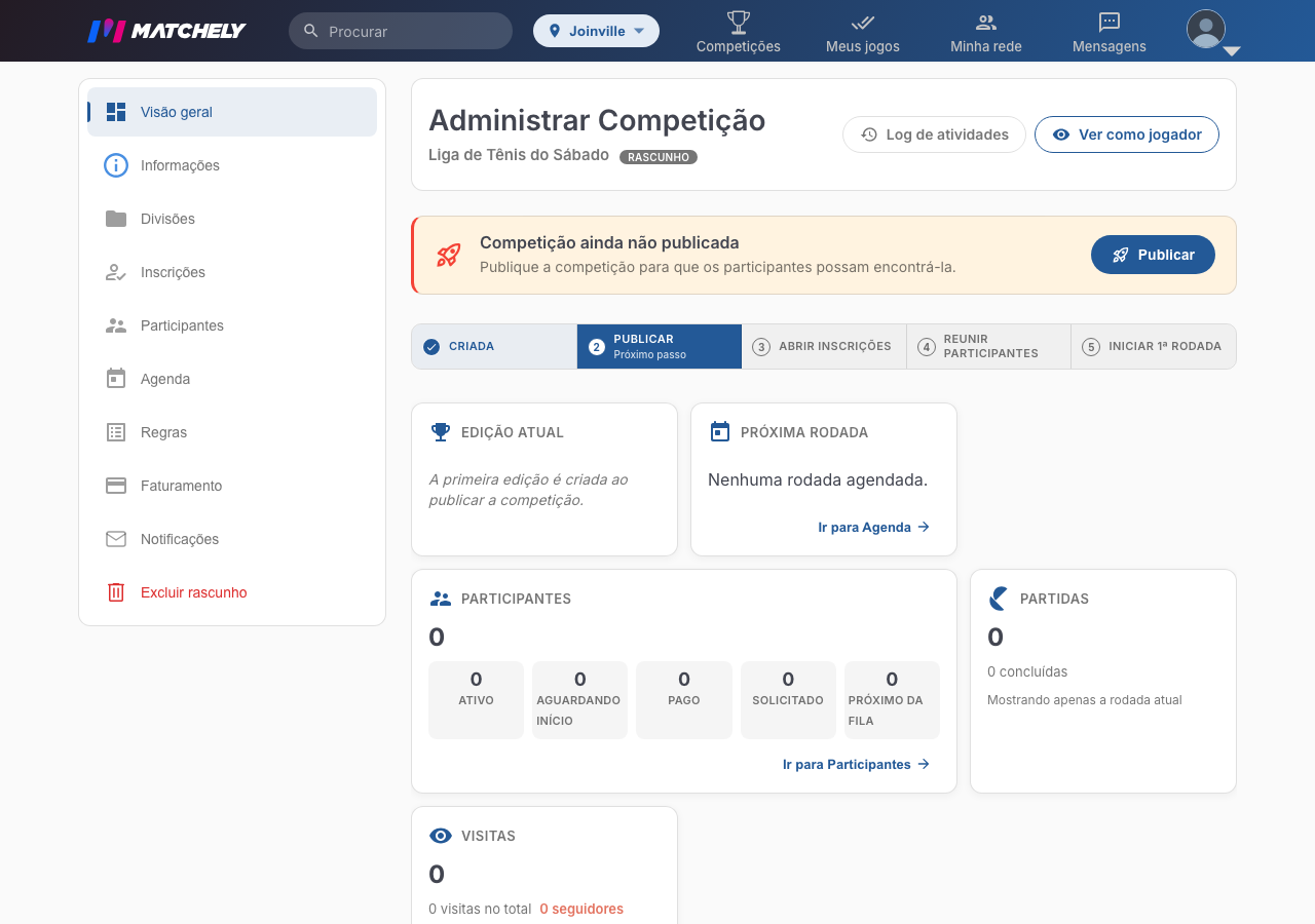 Tela de administração da competição, com o aviso de que ela ainda não foi publicada e o botão Publicar