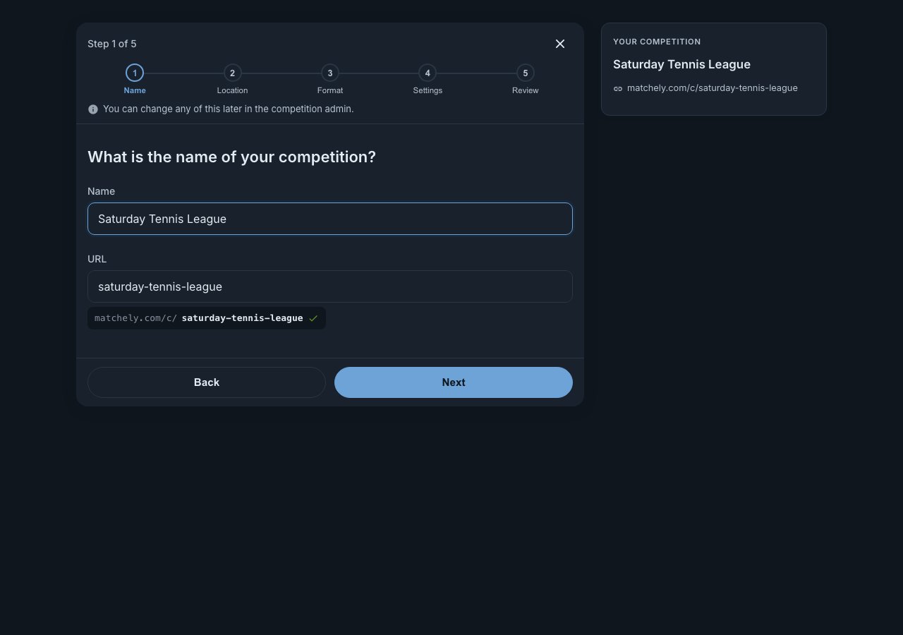 First step of the creation wizard, with the name filled in and the competition address generated automatically
