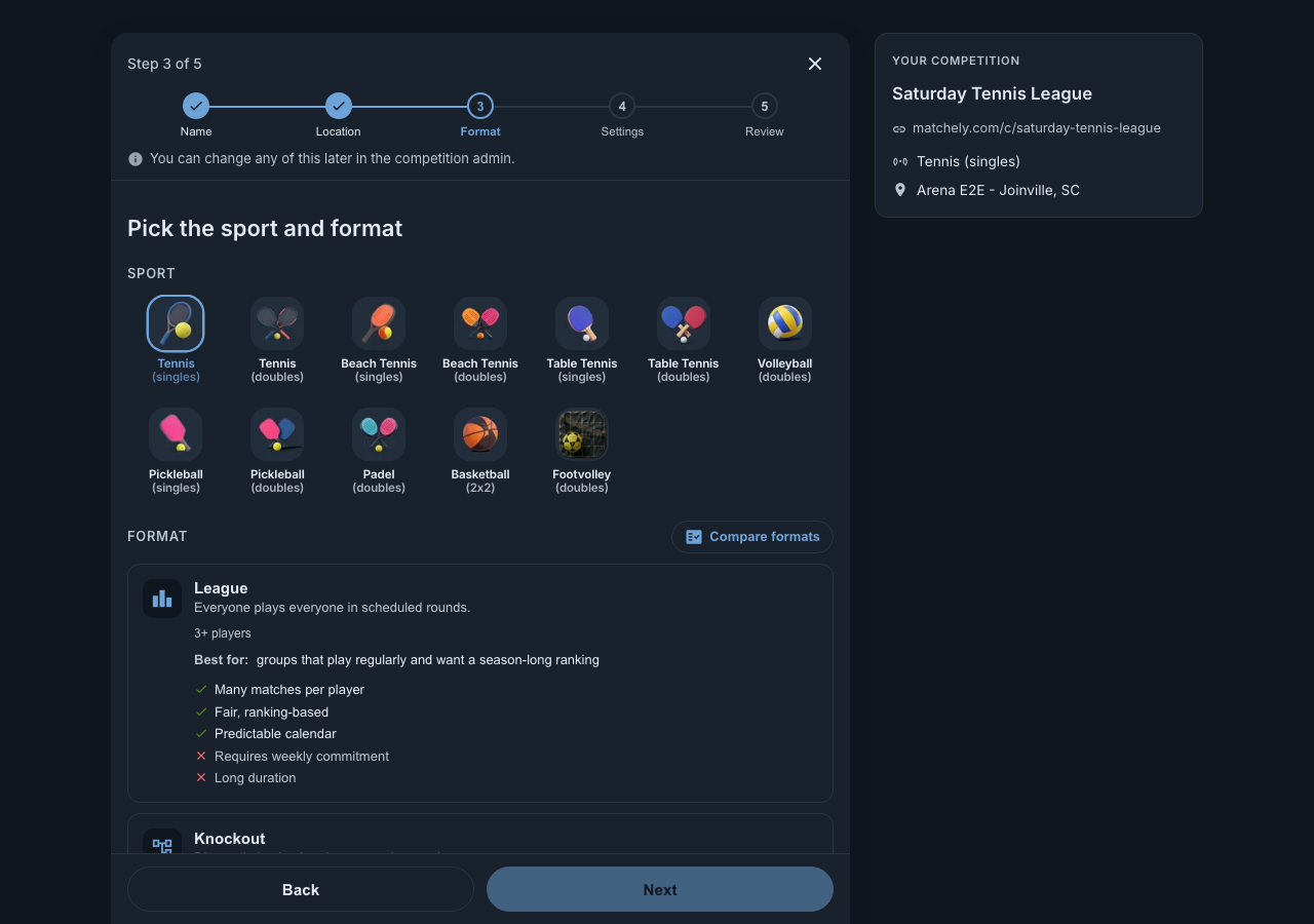Third step of the wizard, with a sport selected and the list of available formats