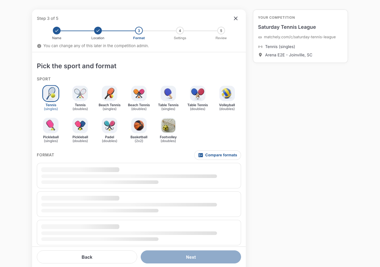 Third step of the wizard, with a sport selected and the list of available formats
