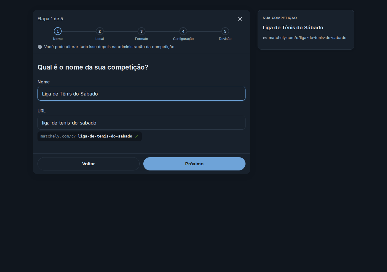 Primeiro passo do assistente de criação, com o campo de nome preenchido e o endereço da competição gerado automaticamente