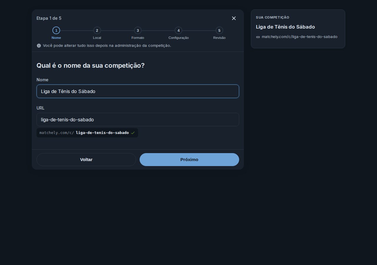 Primeiro passo do assistente de criação, com o campo de nome preenchido e o endereço da competição gerado automaticamente