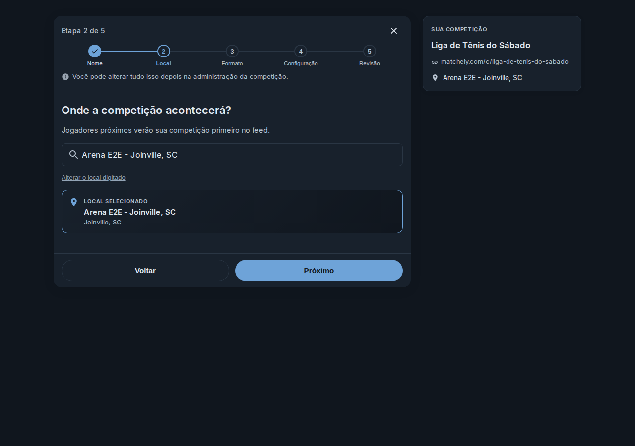 Segundo passo do assistente, com o nome do local e a cidade preenchidos manualmente