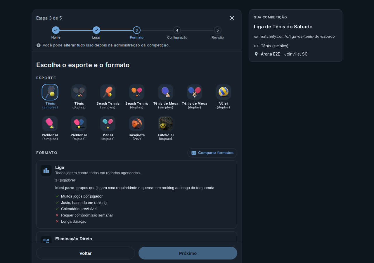 Terceiro passo do assistente, com um esporte selecionado e a lista de formatos disponíveis