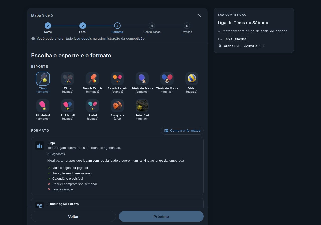 Terceiro passo do assistente, com um esporte selecionado e a lista de formatos disponíveis
