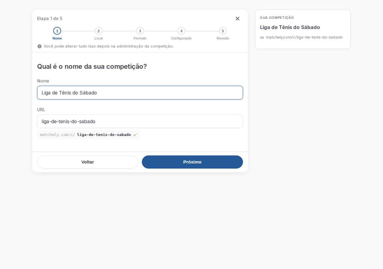 Primeiro passo do assistente de criação, com o campo de nome preenchido e o endereço da competição gerado automaticamente