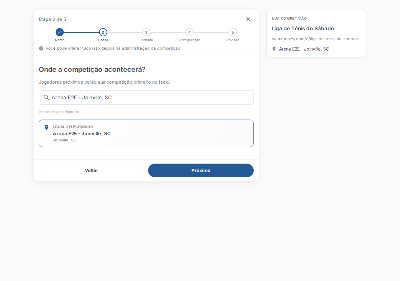 Segundo passo do assistente, com o nome do local e a cidade preenchidos manualmente