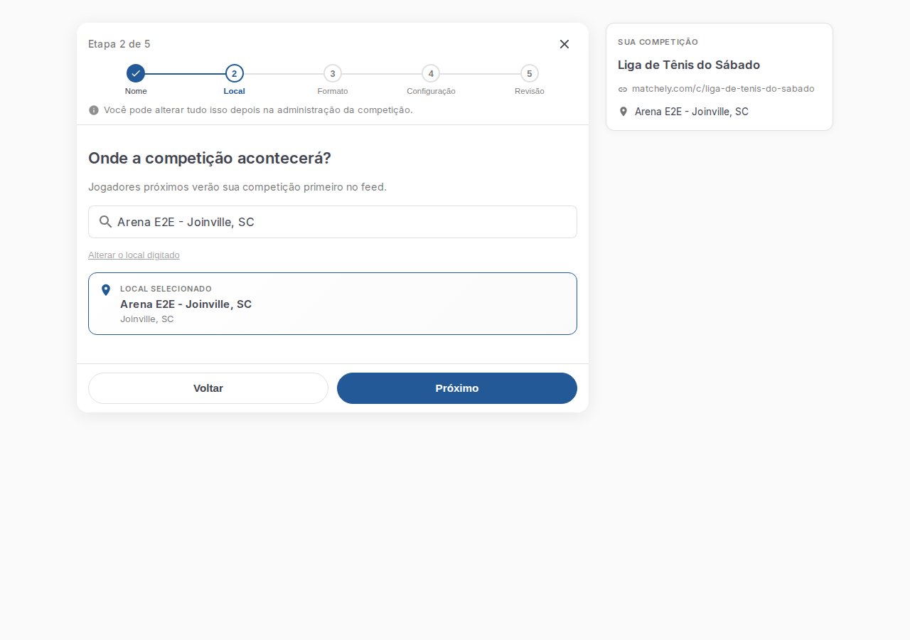 Segundo passo do assistente, com o nome do local e a cidade preenchidos manualmente
