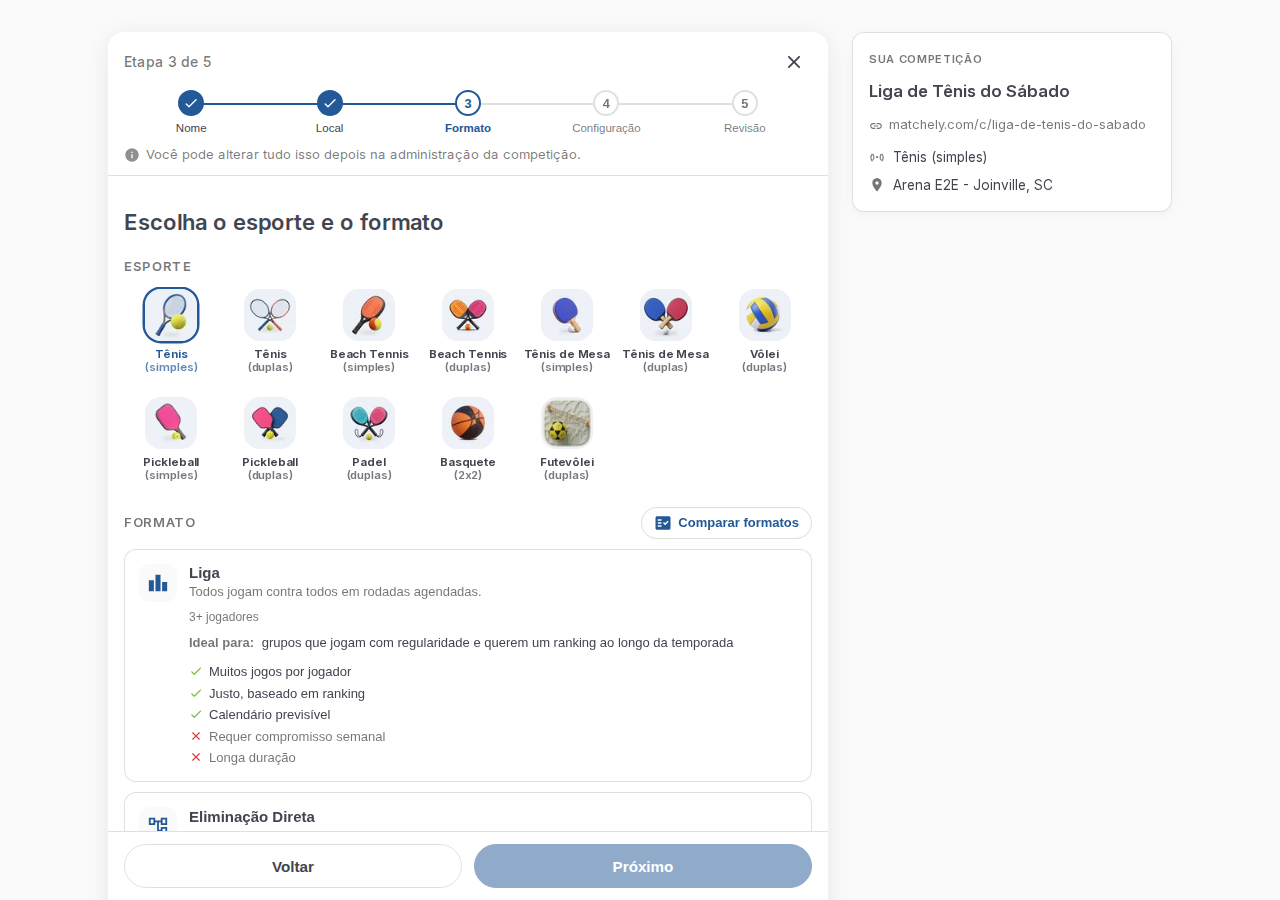Terceiro passo do assistente, com um esporte selecionado e a lista de formatos disponíveis
