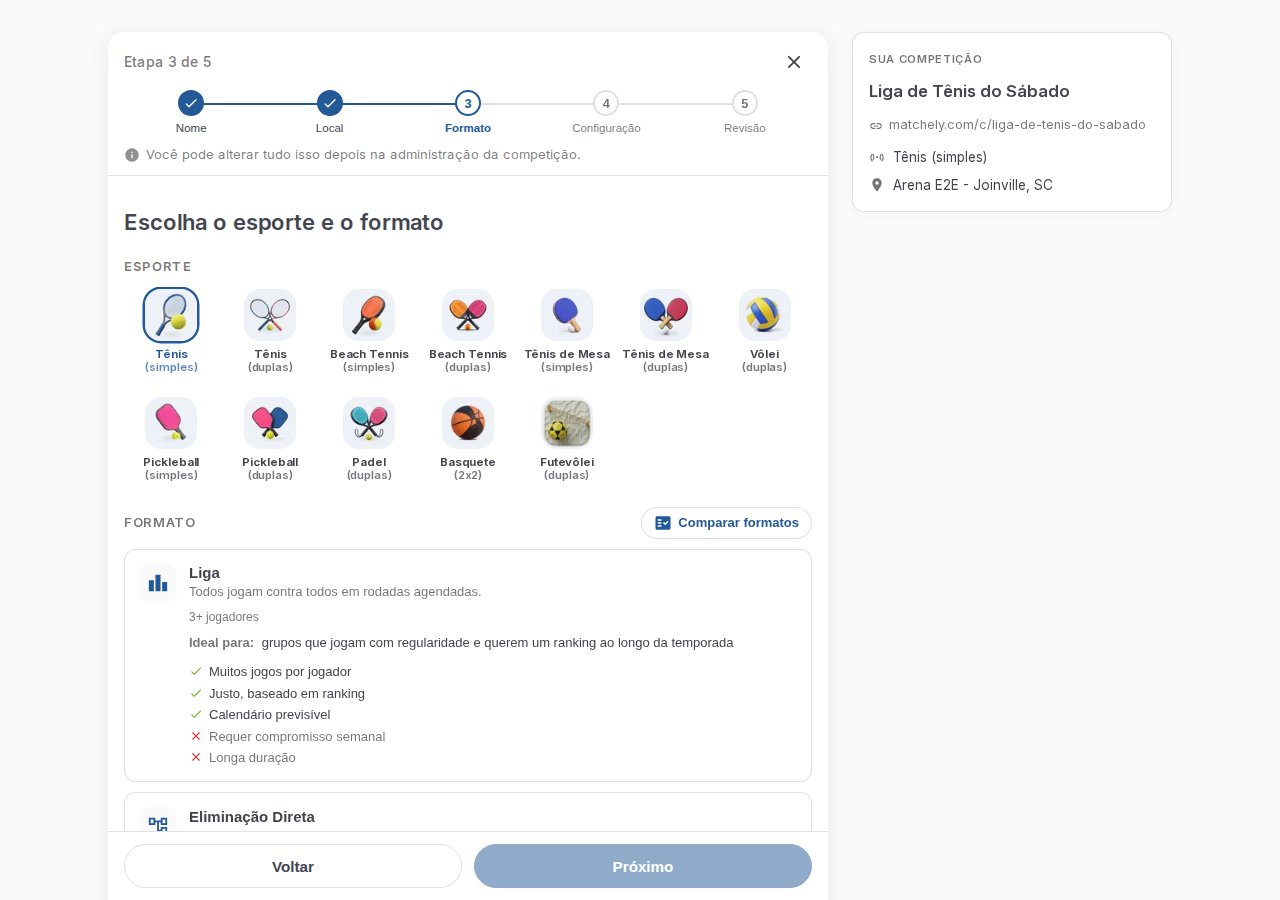 Terceiro passo do assistente, com um esporte selecionado e a lista de formatos disponíveis
