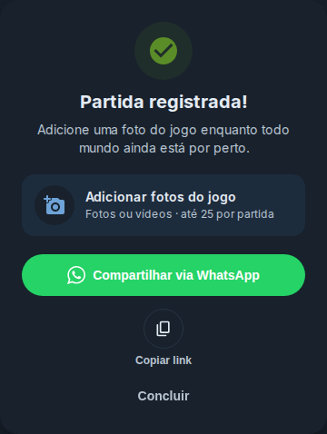 Tela Partida registrada! com a opção Adicionar fotos do jogo, o botão Compartilhar via WhatsApp, o ícone Copiar link e Concluir