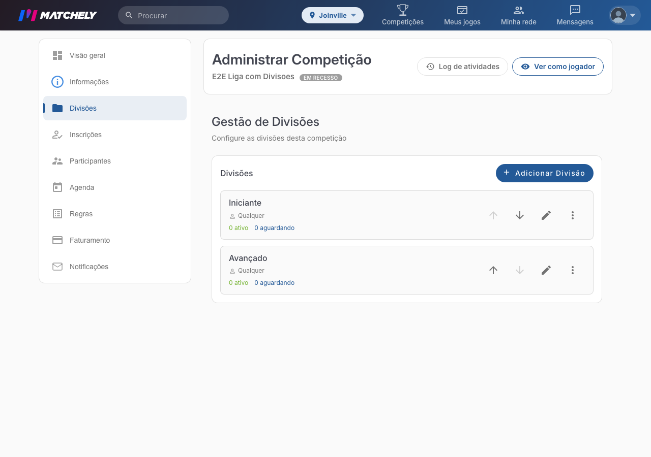 Tela de gestão de divisões, com duas divisões criadas e o menu lateral da administração