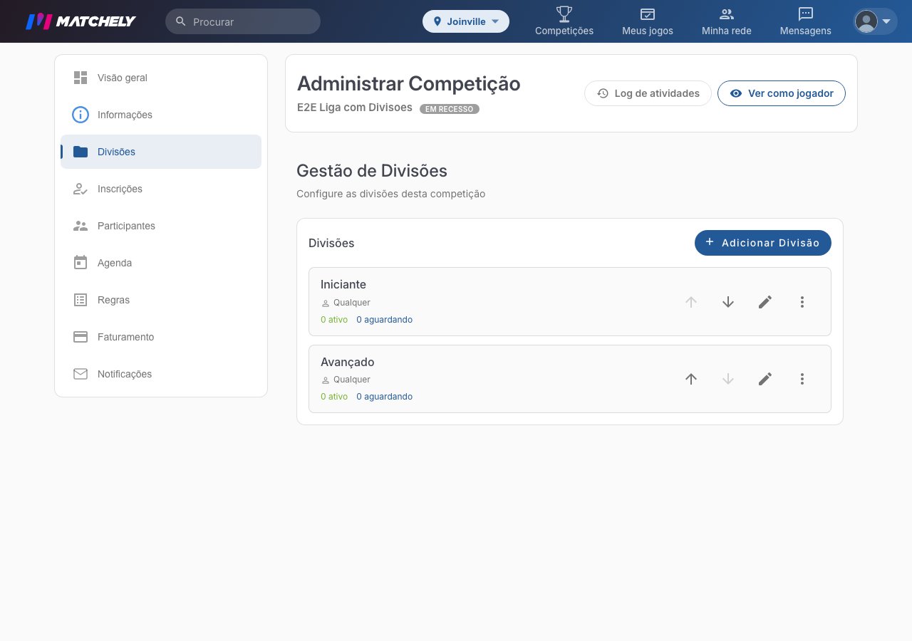 Tela de gestão de divisões, com duas divisões criadas e o menu lateral da administração