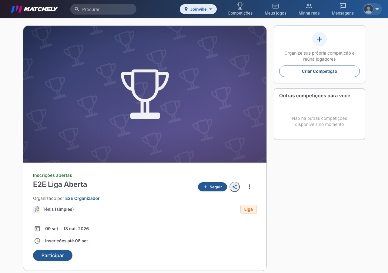 Página pública da competição com o botão Participar em destaque