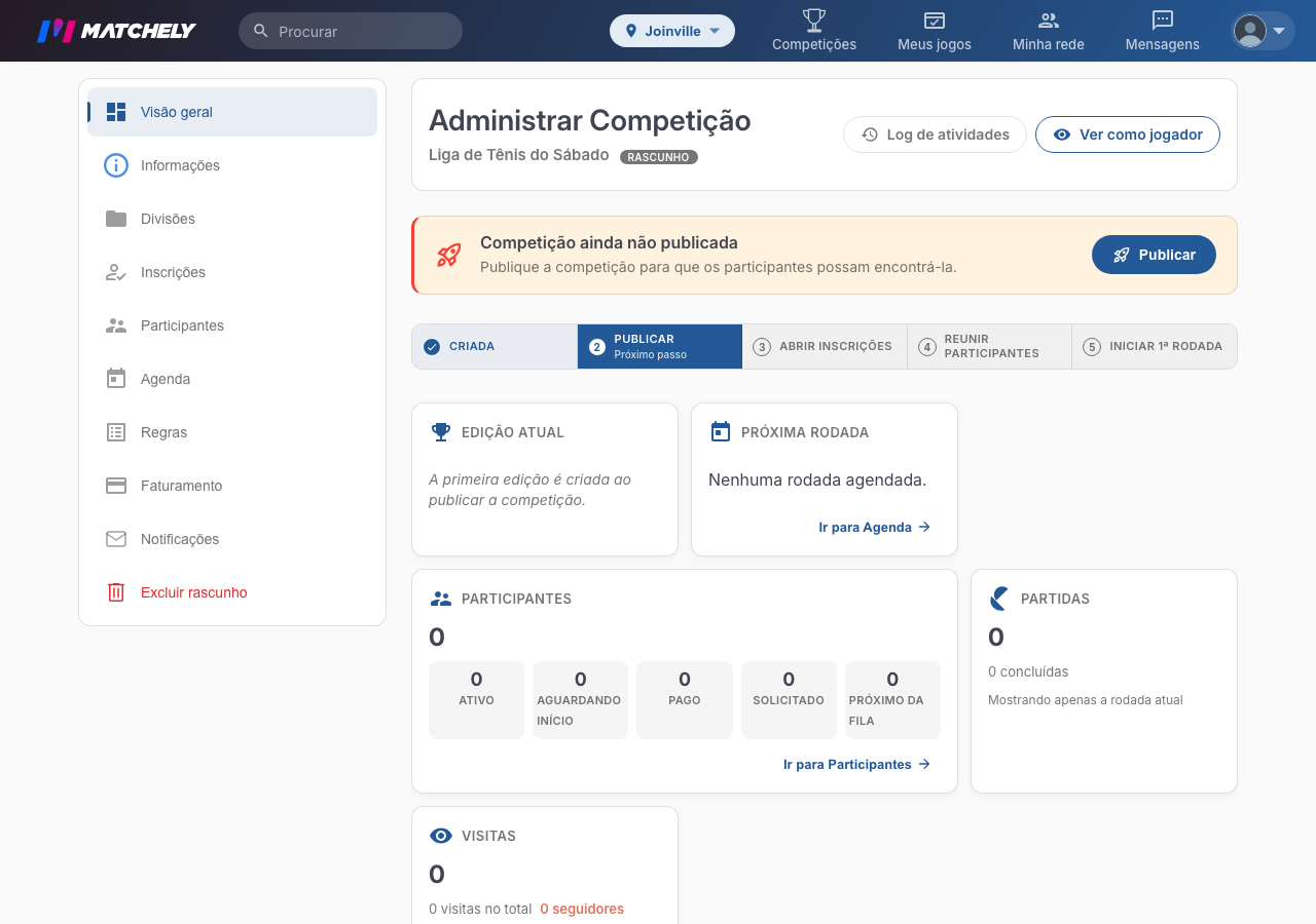 Tela de administração da competição, com o aviso de que ela ainda não foi publicada e o botão Publicar