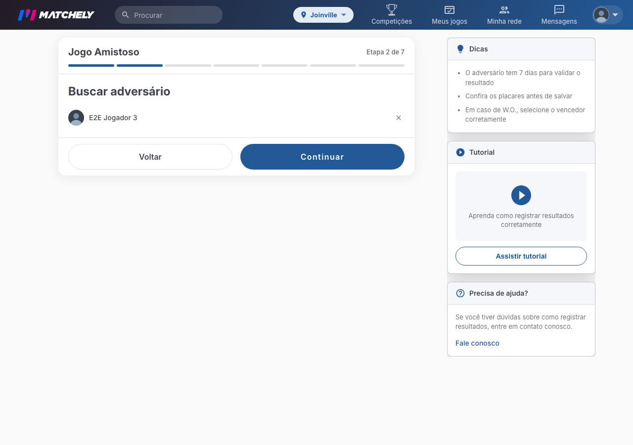 Passo do assistente de amistoso com o adversário selecionado