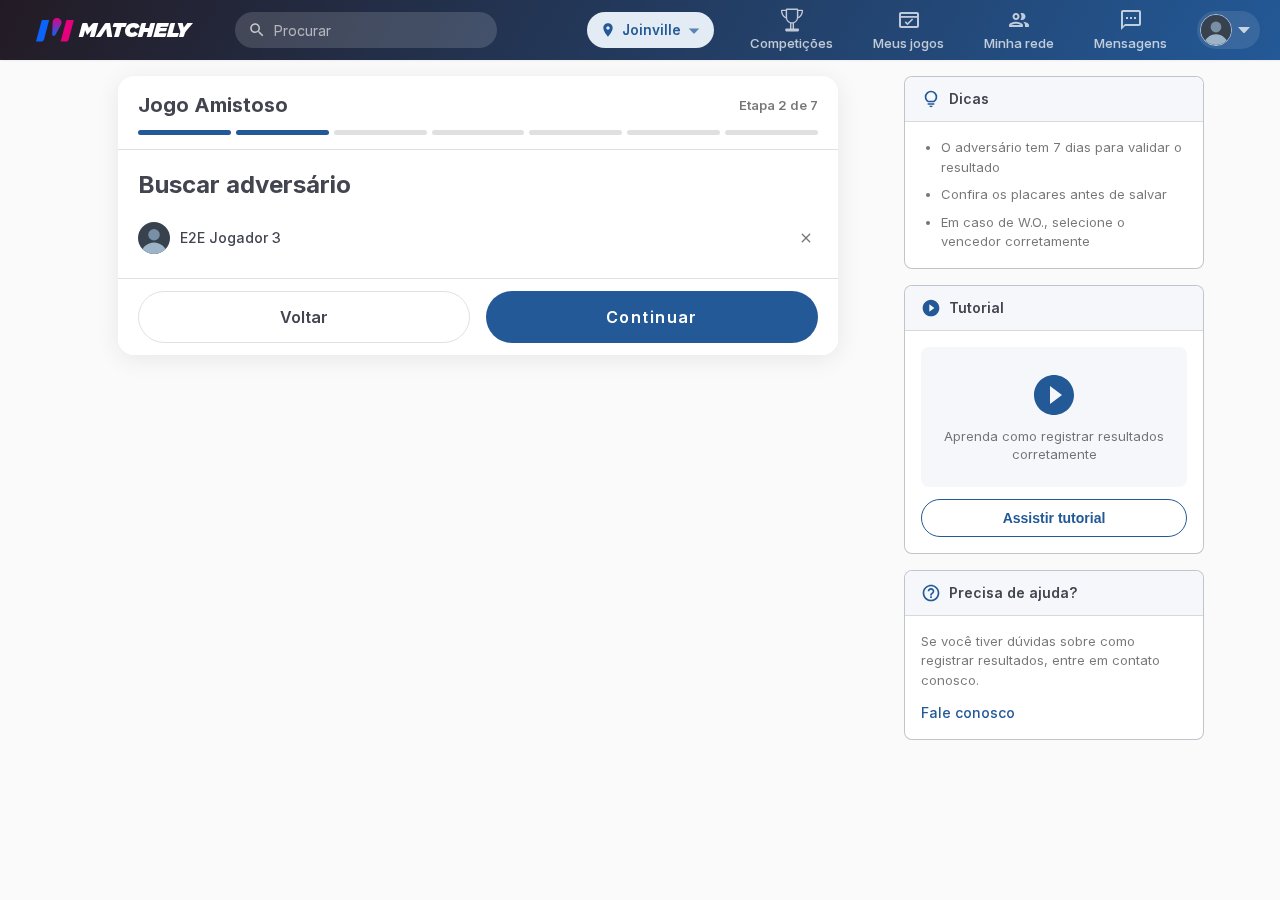 Passo do assistente de amistoso com o adversário selecionado