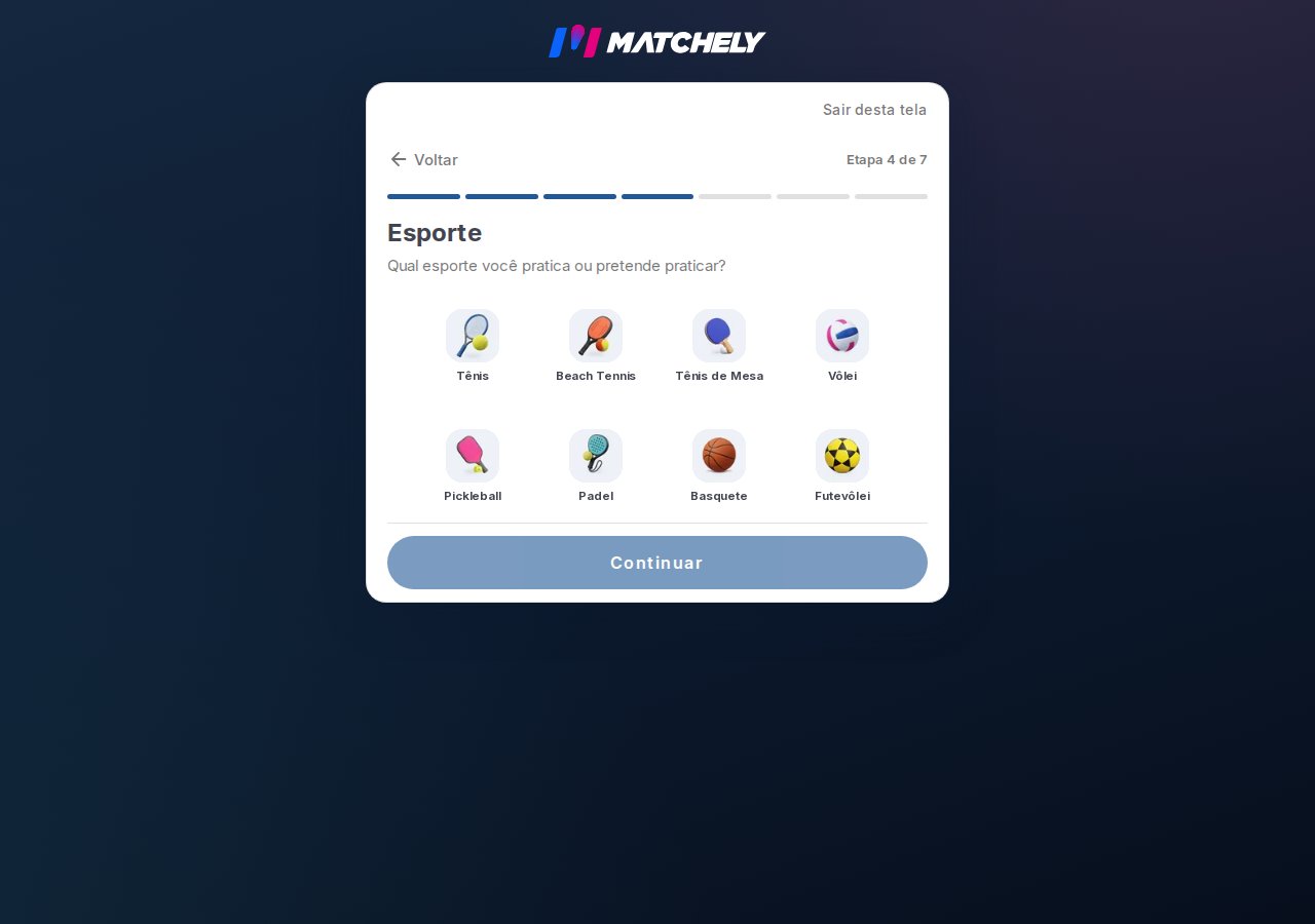 Passo do assistente de perfil com a lista de esportes disponíveis