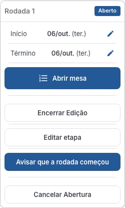 Card da Rodada 1 aberta, com as datas de início e término e os botões Abrir mesa, Encerrar Edição, Editar etapa, Avisar que a rodada começou e Cancelar Abertura