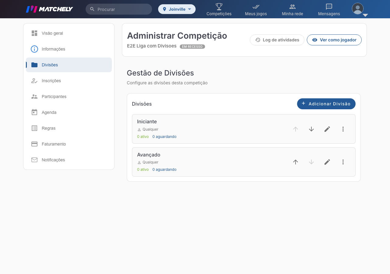 Tela de gestão de divisões, com duas divisões criadas e o menu lateral da administração