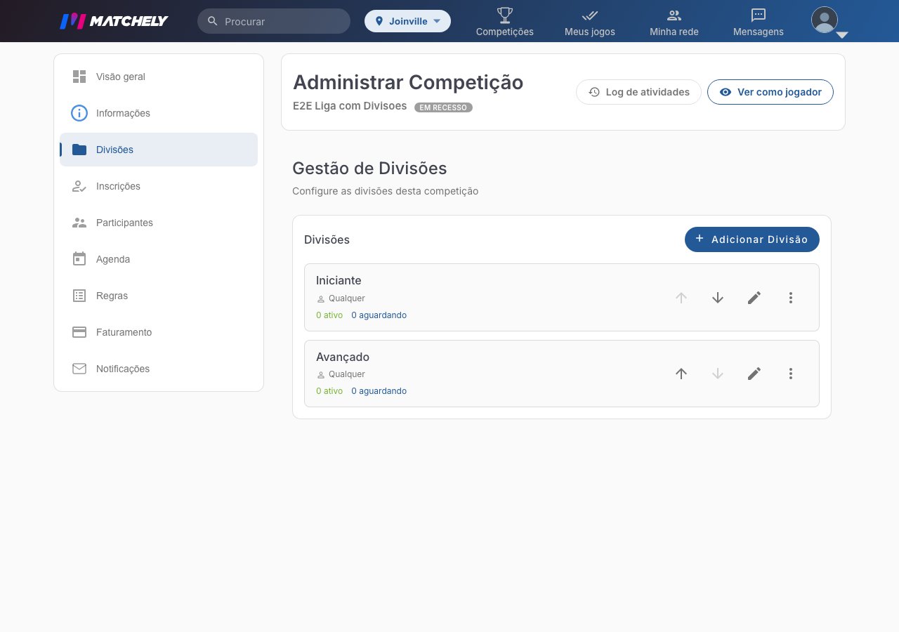 Tela de gestão de divisões, com duas divisões criadas e o menu lateral da administração