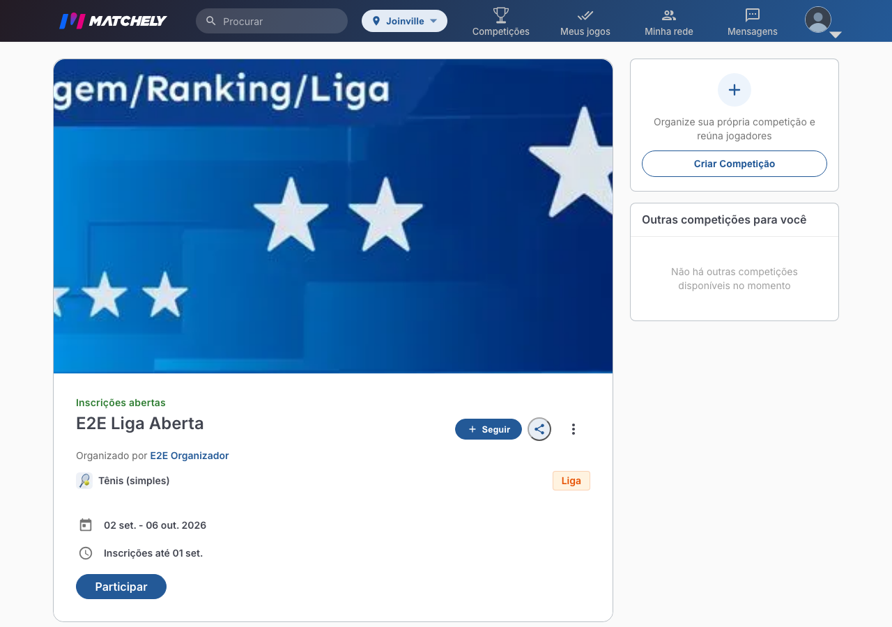 Página pública da competição com o botão Participar em destaque