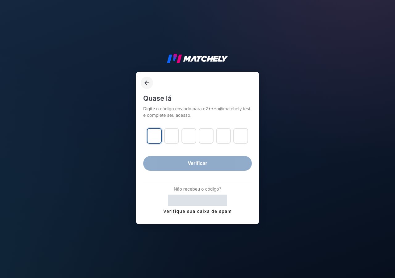 Tela de verificação, com os seis campos do código enviado por e-mail
