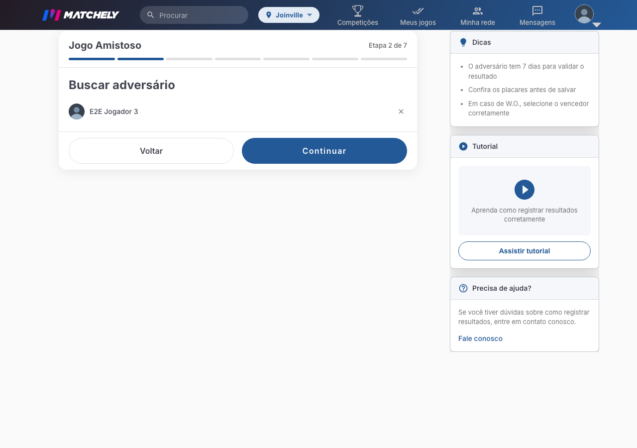 Passo do assistente de amistoso com o adversário selecionado