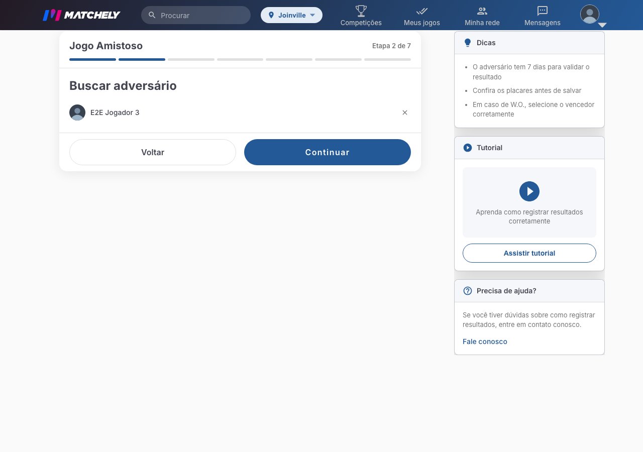 Passo do assistente de amistoso com o adversário selecionado