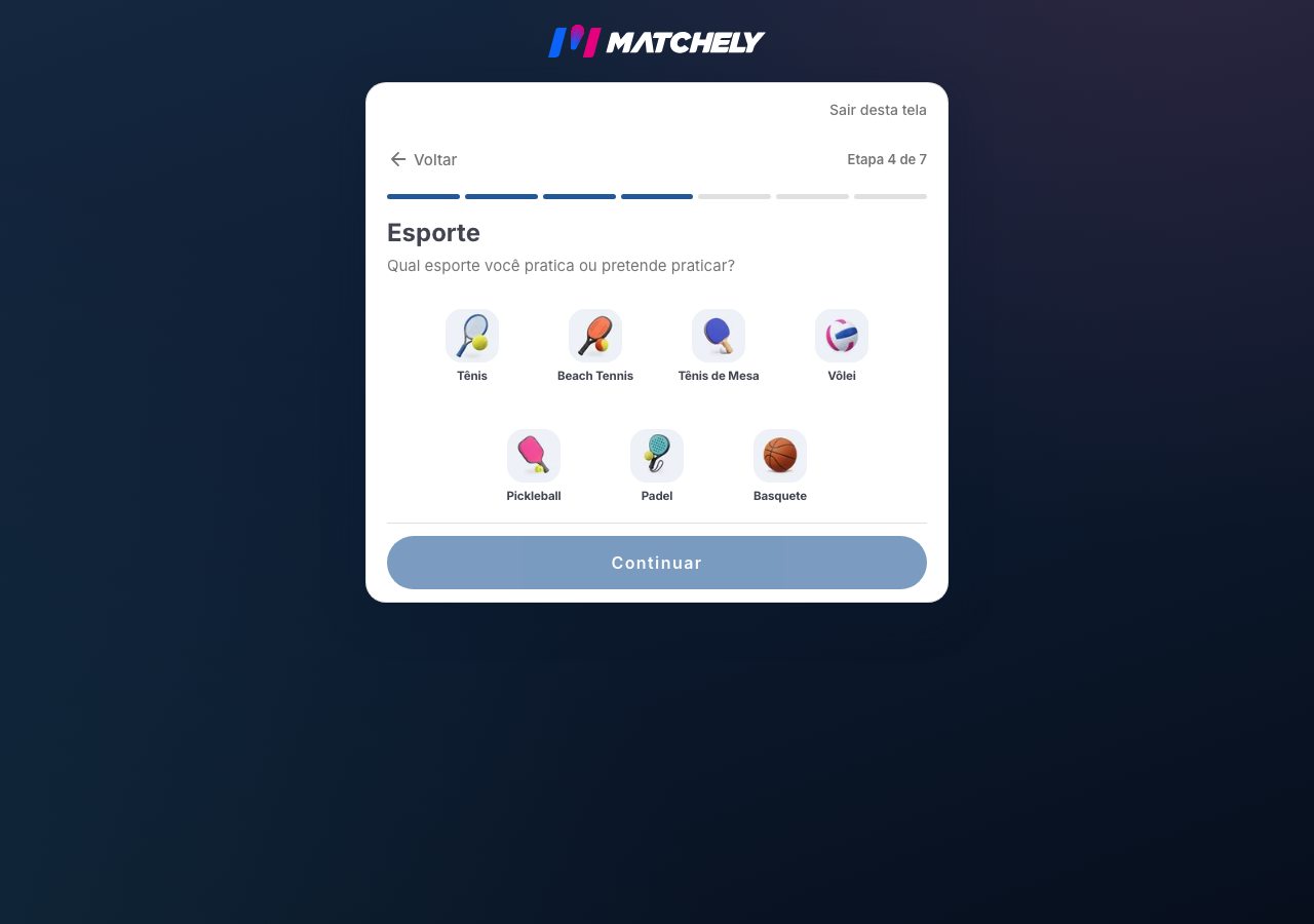 Passo do assistente de perfil com a lista de esportes disponíveis