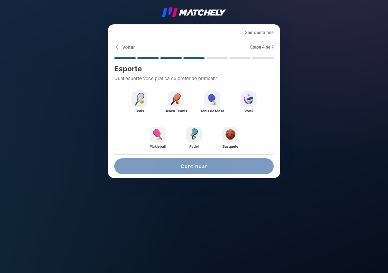 Passo do assistente de perfil com a lista de esportes disponíveis