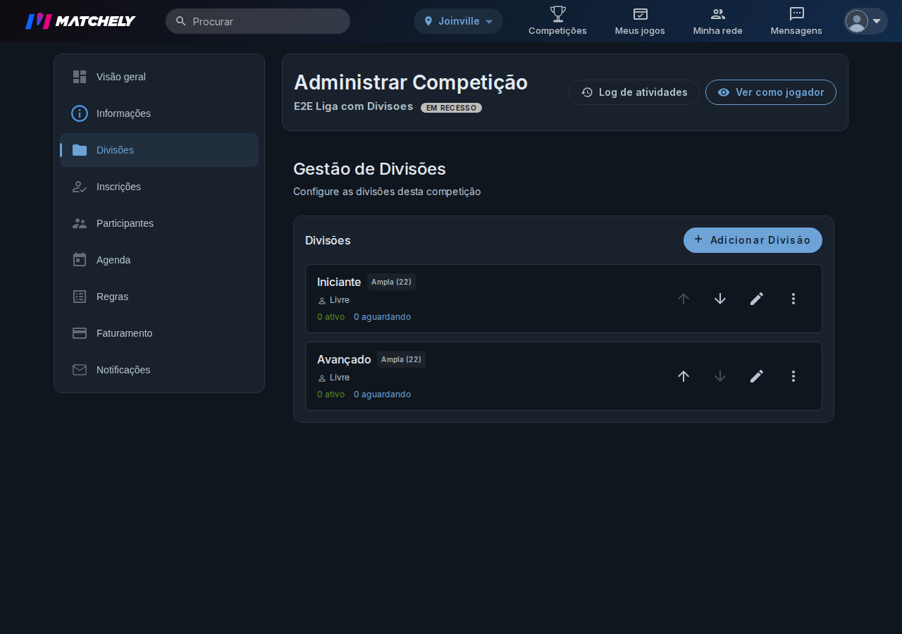 Tela de gestão de divisões, com duas divisões criadas e o menu lateral da administração