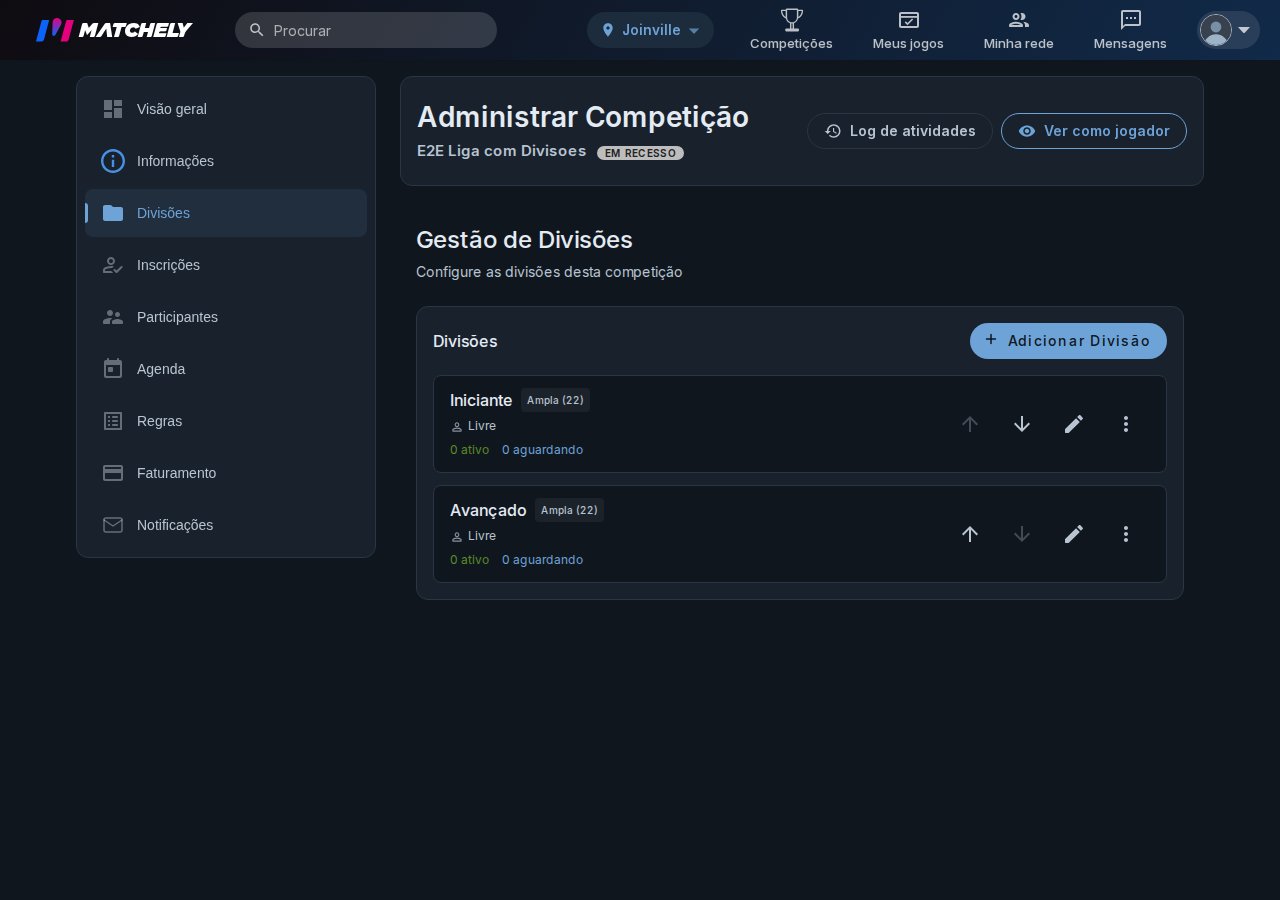 Tela de gestão de divisões, com duas divisões criadas e o menu lateral da administração